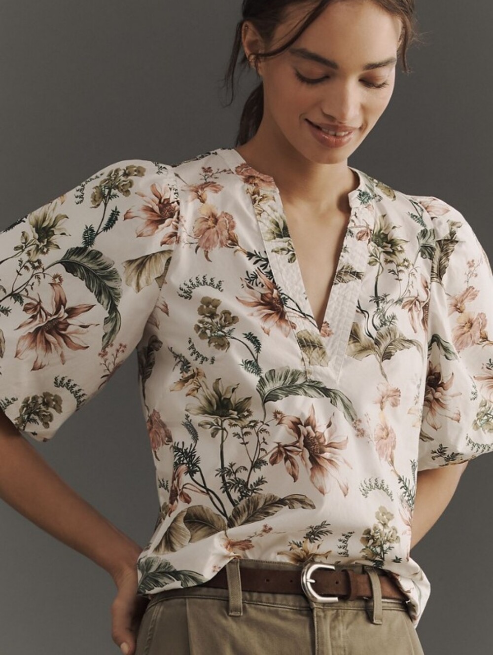 Anthropologie V-Neck Puff-Sleeve Cotton Popover Blouse Sz S NWOT